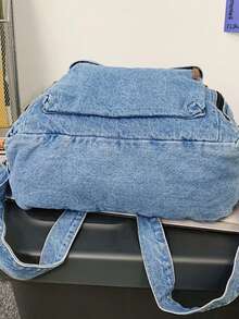 1. 女士字母贴花细节拉链双肩包，水洗轻便牛仔蓝双肩包，时尚纯色户外旅行通勤日常双肩包，大容量笔记本电脑包，学院风多功能书包 - 淺藍色 - 查看 8