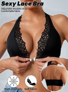 Women's Sexy Lace Neck Plunge Bra Front Closure Seamless Bralette Black Backless Contrast Mesh Lingerie For Women Adjustable Halter Underwear Wireless Halter Bra Top For Evening Events And Weddings