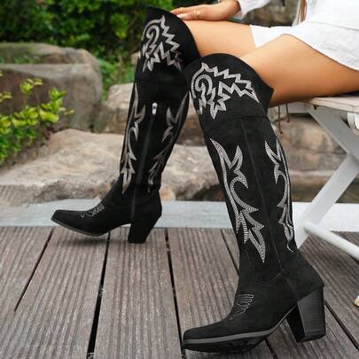 Fashionable Square Toe Chunky Heel Cowboy Boots, Vintage Embroidered Knee-High Riding Boots