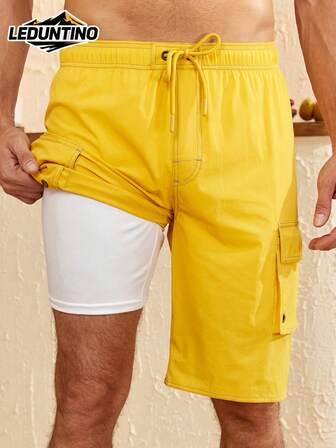 LEDUNTINO [Primavera/Verano] Pantalones cortos de 2 en 1 de doble capa para hombres, deportivos, de unicolor, regalo para esposo/novio, pantalones cortos de cintura elástica para hombres para verano y exteriores, playa, vacaciones, con múltiples bolsillos, pantalones de primavera/verano