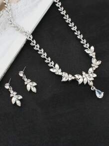 Women's Fashion Crystal Jewelry Set, Bride Wedding White Crystal Eye-Shape Inlaid Accessories Minimalist Necklace & Earrings 3 PiecesSet, Party Dress Decorations