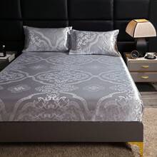 1pc European-Style Satin Grey Fitted Sheet With Floral Pattern – Soft, Comfortable Bedding For Bedrooms And Dorms, Deep Pockets (30-34cm), No Pillowcase Included, Satin Bed Sheets
