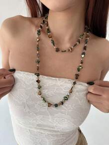 1pc Vintage Versatile Elegant Handmade Natural Shell & Crystal Beaded Long Sweater Chain Necklace