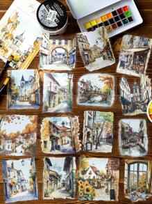 MOCARD 15pcs/Pack Large Size Watercolor Landscape Stickers, Creative Art Stickers, DIY Decorative Collage Craft Materials, Holiday Gifts, Personalized Scrapbooking School Supplies School Supplies,Back To School