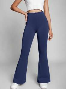 Teens/Girls' Solid Color Knit High Waist Elastic Flared Casual Yoga Pants, Suitable For Daily Wear, Back To School (YY355) - Navy Blue - View 3