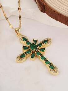 1 peça colar elegante de zircônia verde com cruz, colar de oração, joias femininas para presente