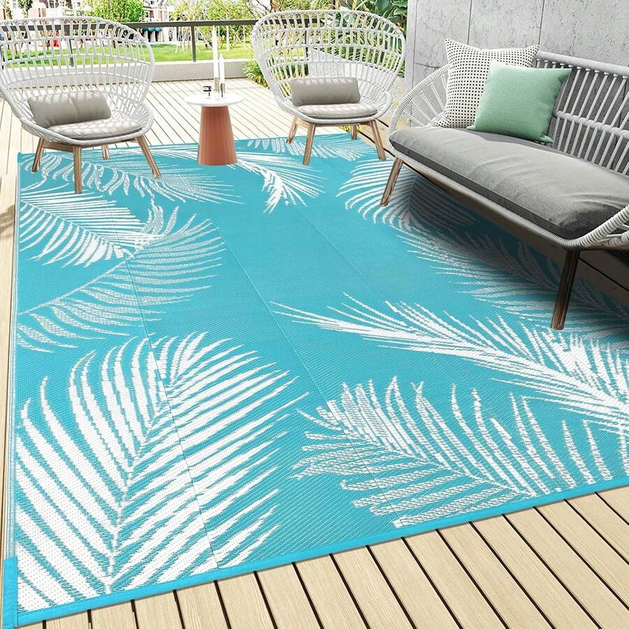 Waterproof Outdoor Rug 6x9, Reversible Plastic Straw Patio Camping Rug, Indoor Outdoor RV Mat Carpet For Deck, Camper, Porch, Balcony, Backyard, Picnic, Leaf Teal - Multicolor - View 1