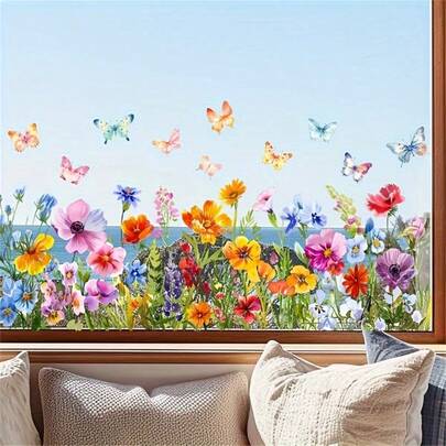 1 pieza Calcomanía de ventana con diseño vibrante de flores y mariposas - Adhesivo estático, material de PVC removible, resistente al agua y al moho, apto para paredes, gabinetes, refrigeradores y otras superficies lisas - Ideal para Navidad, bodas, San Valentín, Acción de Gracias, Año Nuevo y decoración de habitaciones