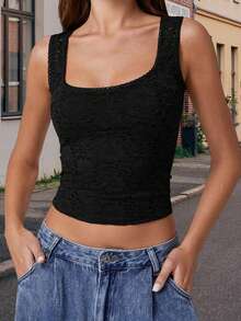 Women's Lace Tank Tops Sleeveless Square Neck Solid Color Slim Fit Tops Casual Summer Shirts - Black - View 2