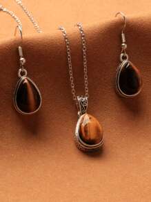 Juego de joyas de collar con colgante y pendientes de piedra de ojo de tigre en forma de lágrima de alta calidad para mujeres