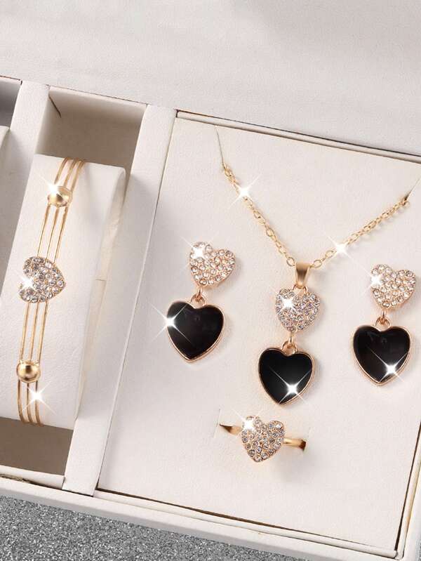 5pcs/Set Women's Luxury Romantic Heart Rhinestone Bracelet, Necklace, Earrings And Rings Jewelry Set, Gift