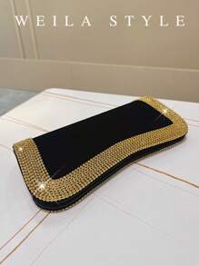 Luxury Black Rhinestone Embellished Velvet Clutch Bag, Gold Diamond Trim Evening Bag For Wedding Party Prom Formal Gown Envelope Clutch Purse, High-End Fashion Small Shoulder Handbag