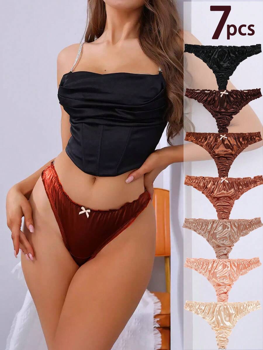 7PCS Glossy Satin Ruffle Trim Thong Panty Set - Sexy & Soft Touch - Multicolor - View 1