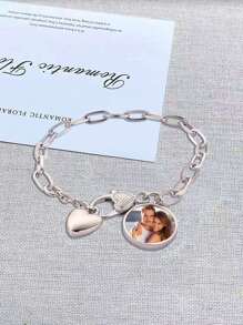 Pulseira personalizada com foto, Pulseira personalizada com foto redonda de pérolas, Pulseira colorida com foto redonda de pérolas, Ajustável, Presente de Natal vermelho da moda, Moda de outono, Casual, Minimalista