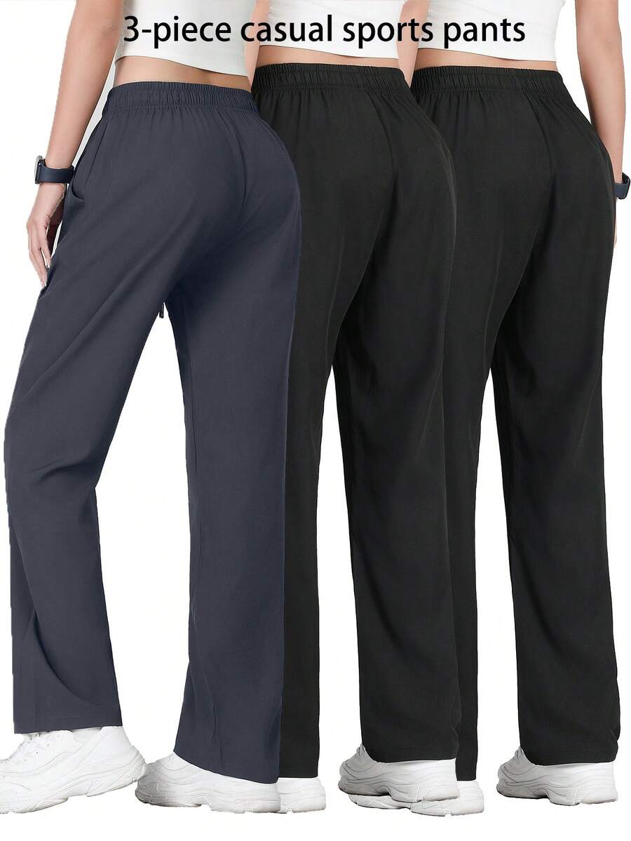 3件套女士夏季运动长裤，百搭直筒休闲宽松裤，时尚紧身裤春季款 - 彩色 - 查看 1