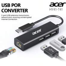 Acer 4-In-1 Type-C Adapter, RJ45 Ethernet Port, 3 USB Data Ports, 10Gbps Ethernet Hub Splitter For Laptops, PCs, Tablets, Phones, White HY41-T41