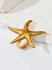 1 Peça Anel Ajustável Floral com Pérola Falsa, Concha e Estrela-do-mar, Retrô de Aço Inoxidável Dourado, Moda Verão Festa na Praia Uso Diário, Ótimo Presente para Namorada, Amiga