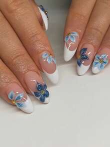 24 件杏仁 3D 凝胶花白色法式尖头按压指甲，完美贴合丙烯酸假指甲套装，包含 1 件果冻胶和 1 件指甲锉，Summernails 指甲适合女性和女孩 DIY 日常工作学习和派对使用指甲用品指甲 - 藍色 - 查看 2