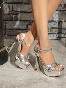 High Heel Platform Studded Sandals, Comfortable And Stylish Fashion Shows - Metallic Silver - View 3