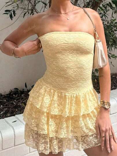 Budhaul New Fashion Tiered Layer Elegent Tube Dress Lace Sexy Cute Sundress Women