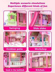 女孩浪漫公主娃娃屋，DIY组装城堡模型玩具套装，含家具，多房间，阳台，LED灯，不同风格，是送给小女孩节日的理想礼物