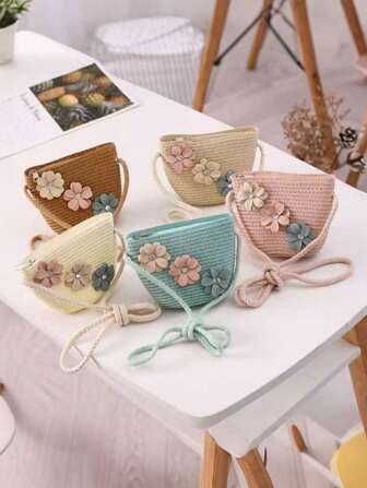 1pc Kids Cute Tricolor Floral Woven Beach Shoulder Bag, Princess Style, Suitable For Daily Outings