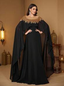 [Random Print] SUPGIR Women's V-Neck Long Sleeve Sequin Patchwork Slim-Fitting High Slit Ball Gown Temperament Evening Dress - Black - View 4