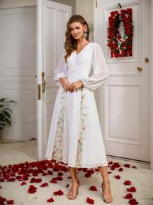 Vestido de Despedida de Noiva com Bordado Floral Branco, Decote em V e Manga de Lanterna, Vestido de Casamento, Vestido Branco Curto