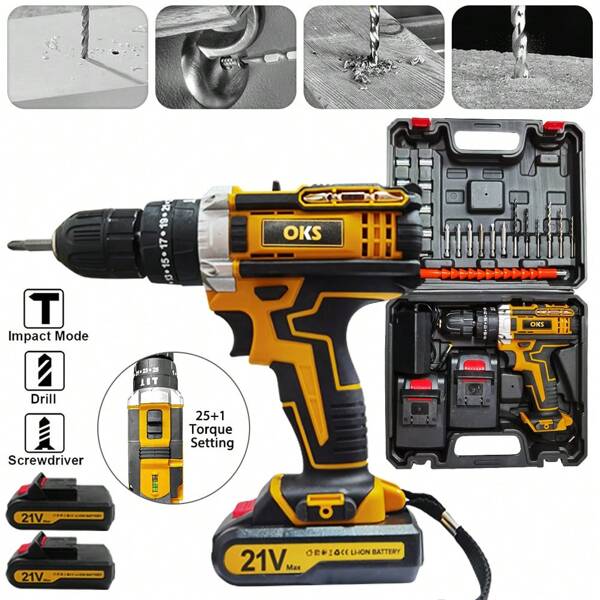 21V Rechargeable Electric Impact Drill Heavy Duty Impact Driver Kit Electric Screwdriver Hammer Set Cordless Drill, 2-Variable Speed+2PCS 1.5AH Lithium Batteries, For Home Repair, Maintainance And Improvements