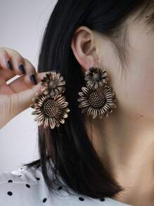 2pcs Luxury Design Vintage Sunflower & Daisy Drop Earrings For Women, Alloy Chic Versatile Elegant Earrings