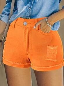 Pantalones cortos de mezclilla desgastados de unicolor con estilo retro, apropiados para el verano - Naranja - Ver 5