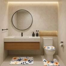 1/4 pièces Set de salle de bain avec thème de feuilles colorées, comprenant un rideau de douche, un tapis de bain, un tapis de toilette en U, un couvercle de toilette, un rideau de douche imperméable. Décoration de salle de bain de style moderne. Pas besoin de perçage, fabriqué en polyester, lavage en machine. Retour à l'école.