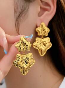 1 par de pendientes tipo botón con formas de corazón, estrella de mar, sol, floral y geométricas en tono dorado de acero inoxidable, adecuados para uso diario, playa, fiesta y vacaciones, gran regalo para amigos