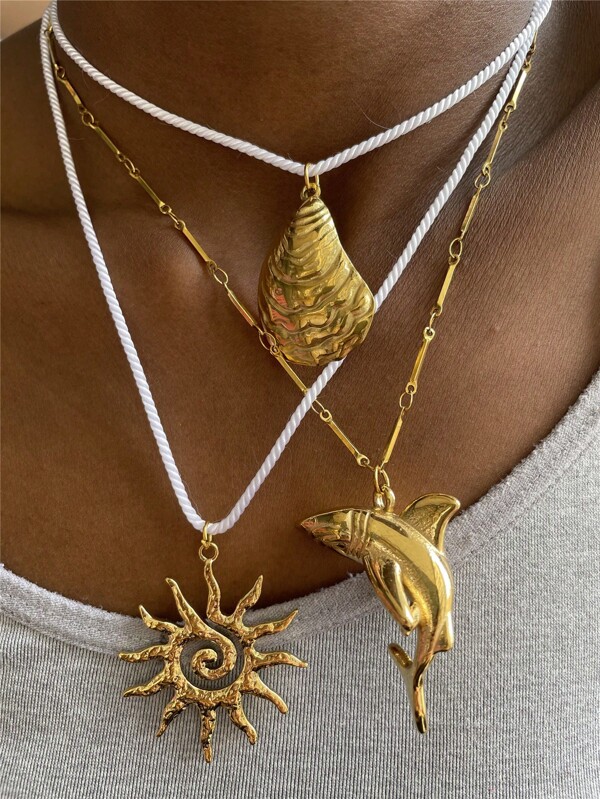 Fashionable Stainless Steel Shark & Shell Pendant Necklace, Holiday Jewelry