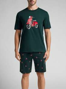 Men's Pajama Set, Thin Round Neck T-Shirt With Cartoon Moped Print And Elastic Waist Shorts, Casual Comfortable Homewear Outfit Suitable For Summer