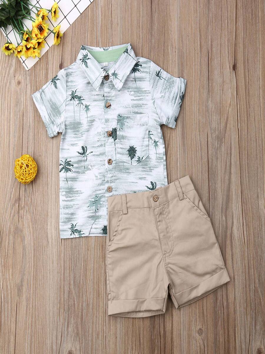 1-6 Years Toddler Baby Boy's Summer Outfit Sets Short Sleeve Coconut Tree Printed Button Down T-Shirt + Pocket Button Shorts Set - Khaki - View 1