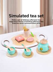 1 Set de té de madera para niños pequeños de 3+ años - Juguete de postre de Set simulado con tetera y galletas, regalo educativo Montessori para Sets de roles, juguete imaginativo para fiesta de cumpleaños