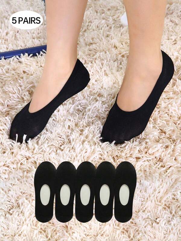 5pcs Women's Black Invisible Socks, High Elasticity Thin Mesh Silicone Non-Slip Satin Boat Socks