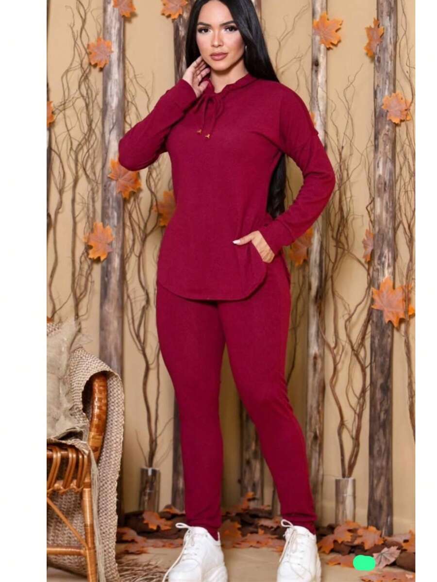 Women's Cold Weather Set Lanzinha Blouse Long Sleeve Trousers Winter - 紅木色 - 查看 1