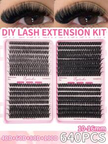 640 DIY D-Curler Eyelash Book, Super Curler Eyelash Extension Set, Multi-Style Eye Makeup Suitable For Beginners, 10-16mm Mixed Length, Natural, Cluster, Fluffy, Dense, Mixed Style, Self-Adhesive, Reusable