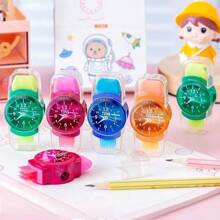 Sacapuntas con forma de reloj, 3 en 1, con borrador y cepillo de limpieza, multifuncional para útiles escolares (color aleatorio)