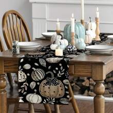 Pumpkin & Dark Floral Autumn Table Runner, Seasonal Fall Kitchen Dining Table Decor For Home Party