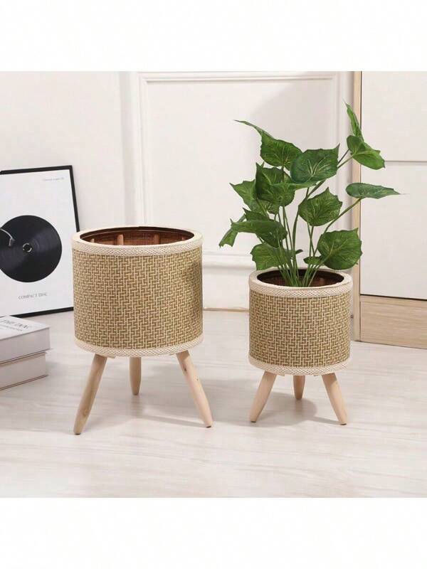 1 Piece Of Simple Straw-Woven Flower Stand, Living Room Floor-Standing Green Radish Flower Pot, Wooden Balcony Rattan-Woven Creative Storage Rack, And Light Luxury Flower Pot.