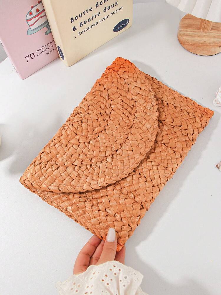 حقيبة كلاتش من القش قطعة واحدة، حقيبة مستحضرات تجميل من القش للنساء في الصيف، حقيبة كلاتش مغلفة، حقيبة مُنسوجة يدويًا، محفظة صغيرة، محفظة نسائية، حقيبة كلاتش، حقيبة من قش الذرة - متعدد الألوان - مشاهدة 9