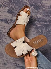 韩版休闲平底拖鞋，露趾，罗马编织，适合春夏沙滩度假，搭配连衣裙，棕色 - 米色 - 查看 2