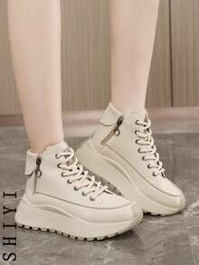 [Thick Sole & Tall Series] 2025 Spring Break New Women's Casual Shoes, Thick-Sole Shoes, White Sneakers, Comfortable Sports Shoes, 6cm Height Increase, Party Shoes Suitable For Petite Women, Sports Style, Solid Color, Preppy, Holiday, Neutral Fashion, Casual, Outdoor, Western, Criss-Cross, Side Zipper, Festival, Wedding, Holiday Party, Office, Outdoor