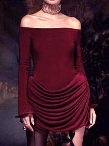 Budhaul Women European & American Style Solid Color Off Shoulder Long Sleeve High Waist Short Dress, New For Autumn, Party Dress, Wedding Guest Dress