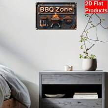 1pc 30cm X 20cm Vintage Metal Barbeque Wall Decor, Grill & Flame Design With Tongs And Spatula, Durable Kitchen Decoration For Home, Bar, Restaurant - Pre-Drilled Holes For Easy Installation, Classic BBQ Theme, Textured Surface, 2D Flat, Random Hole Style