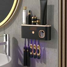 1pc Smart Toothbrush Sterilizer With Toothpaste Dispenser, Wall-Mounted Toothbrush Holder, All-In-One Toothbrush Rack And Sterilizer, 5-Slot Toothbrush Storage Organizer, Bathroom Accessory, Home Decor, Back To School Essential - Multicolor - View 3