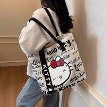 Sanrio Hello Kitty Bag Women's Large Capacity Tote Bag Travel Shoulder Handbag,Sanrio Hello Kitty Canvas Handbag, Cute KT Tote Shoulder Bag, Cartoon Versatile Tote Bag, Large Capacity Commuter Bag, Suitable For Travel, Back To School, Commuting